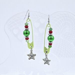Handmade Christmas Earring Punk Rock Safety Pins Stars Crystals Beads